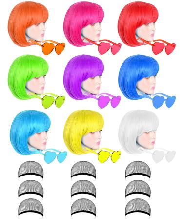9 Pack Colored Wigs Funky Colorful Wigs Short Bob Hair Wigs Neon Party Wigs Cosplay Wigs with Rimless Heart Shape Sunglasses - One Size for All Women Kids & Adults Halloween Costume Night Club