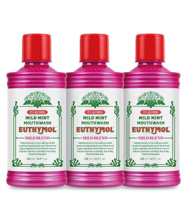 Euthymol Mouthwash Mild Mint 500ml x 3 Alcohol-Free Distinctive Strong Taste Flavour Reduce Plaque Gingival Clean Healty Teeth Gums Freshens Breath Refreshing Daily Oral Dental Care