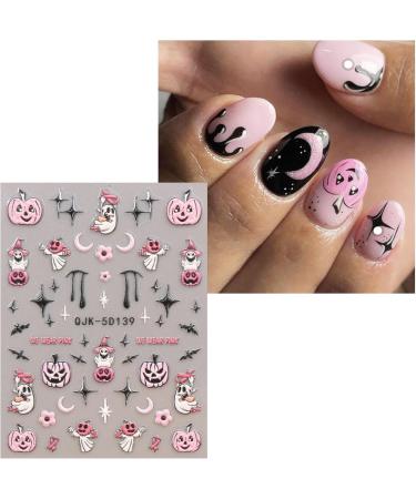 JMEOWIO 3D Embossed Halloween Nail Art Stickers Decals Self-Adhesive 5D Cute Pink Moon Ghost Pumpkin Nail Supplies Nail Art Design Decoration Accessories 4 Sheets - Buy Online on GoSupps.com