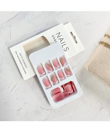 24 Pcs Short Square French Tip Press on Nails with Rhinestone Designs - Nude Pink Glue on Nails for Women - Buy Online on GoSupps.com