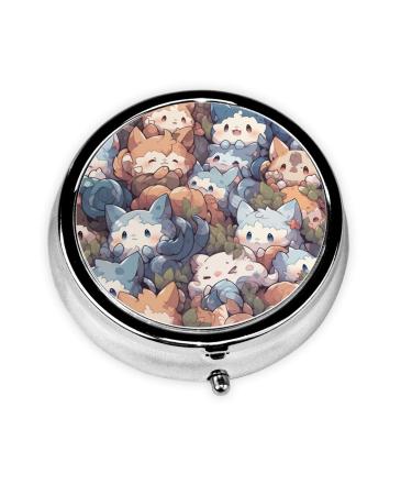 Cute Cartoon cat Portable Metal Pill Box Round Mini 3-Compartment Plastic Insert hinged Fastening Design Suitable for Small Pills Must-Have for Travel