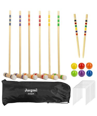 Juegoal Six Player Deluxe Croquet Set with Wooden Mallets, Colored Balls, Sturdy Bag for Adults &Kids, Perfect for Lawn, Backyard and Park, 28 Inch Burlywood
