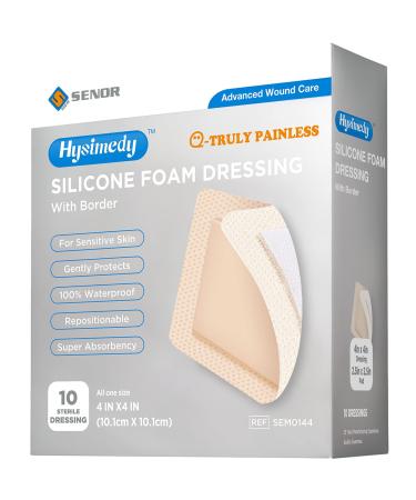 Hysimedy Silicone Foam Dressing with Border 4x4 Waterproof High Absorbency Wound Dressing Bandages Large Wound Care for Pressure Sore Bed Sore Leg Ulcer Diabetic Ulcer 10 Pack