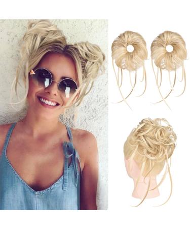 Messy Bun Hair Piece, HOOJIH 2 Pack Super Long Tousled Updo Hair Bun Extensions Wavy Hair Wrap Ponytail Hairpieces Hair Scrunchies with Elastic Hair Band for Women Girls - Blonde Mixed 2Pack Blonde Mixed