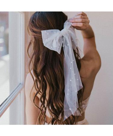 Beautiful Bridal Bow Veil Hair Clip Wedding Elegant Large Bowknot Lace Hair Clip Bridal Bow Pearl Hair Clip French Vintage White Bow Veil Hair Barrettes for Women - Buy Online on GoSupps.com