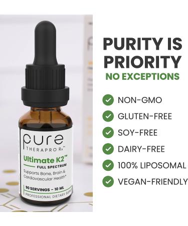 Pure TheraPro Rx Ultimate K2 Supplement - 600mcg Vegan Liquid Liposomal Vitamin K2 Drops - Bone Health, Skin & Hair Support - 90 Servings - 10mL - Buy Online on GoSupps.com