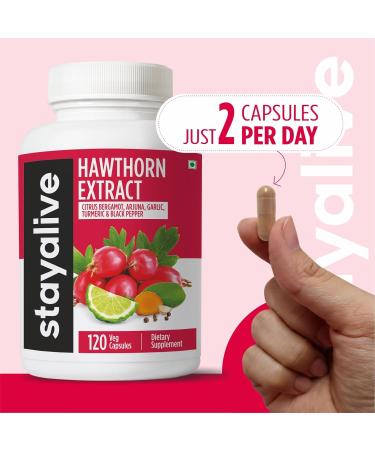 STAY ALIVE Hawthorne Berry Supplement, 20:1 Extract, 6-in-1 Hawthorn w/Citrus Bergamot, Turmeric Root Powder, Garlic, Arjuna & Black Pepper, 120 Pills, Non-GMO & Gluten-Free Hawthorn Berry Capsules - Buy Online on GoSupps.com