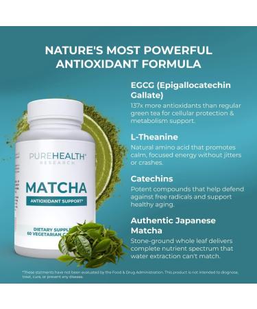 PUREHEALTH RESEARCH Matcha 1000 mg - Organic Ceremonial Grade Matcha Powder Supplement - EGCG Green Tea Extract Pills for Mental Clarity Energy & Hearth Health - Vegan Gluten Free - 60 Capsules - Buy Online on GoSupps.com