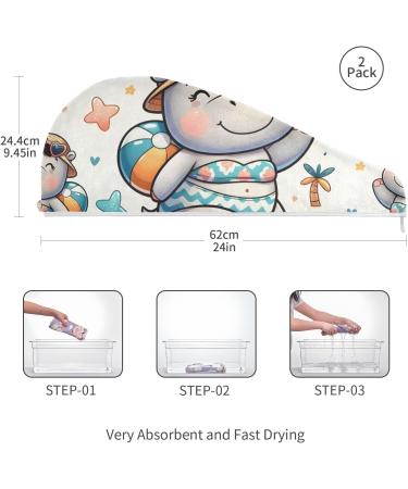 Cute Hippo Hair Towel 2 Pack - Super Absorbent Quick Dry Beach Towel for Women & Girls - Stylish Hair Turbans with Button Twisty Wrap - Buy Online on GoSupps.com
