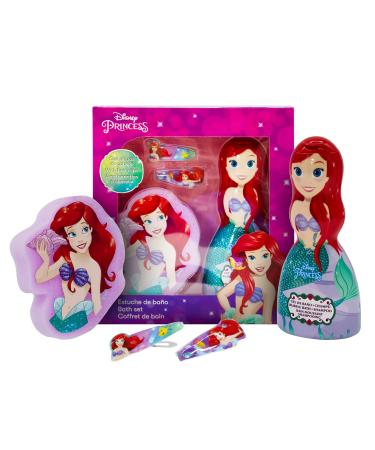 Disney Princess Ariel the Little Mermaid Kids Bath Time Gift Set for Girls - 2 in 1 Hair and Body Wash in 3D Mermaid Bottle Hair Clips and Soft Sponge - Fun Magical and Complete Bath Set for Kids
