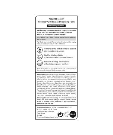 THANKYOU FARMER Pollufree pH-Balanced Cleansing Foam - Korean Face Wash for Sensitive Skin with Hyaluronic Acid - Hydrating Facial Cleanser 4.22 fl.oz - International Shipping Available - Buy Online on GoSupps.com
