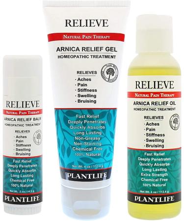 Plantlife Arnica Relieve Bundle - Made with Arnica and 100% Pure Essential Oils - Relieve Products are a Homeopathic Solution for Everyday Use - Works Quickly and Effectively - Made in California