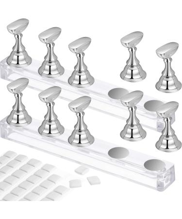 2 Set Acrylic Nail Art Practice Stands Magnetic Nail Tips Holders Training Fingernail Display Stands DIY Nail Crystal Holders and 96 Pieces White Reusable Adhesive Putty (Silver)