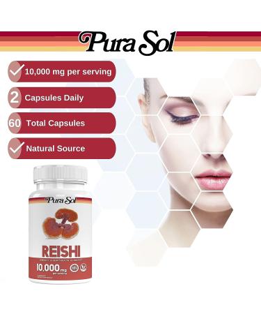Pura Sol Reishi Mushroom Capsules 10,000mg - Ganoderma Powder Extract Supplement for Immune Support & Longevity - Heart Health, Mood & Stress Management - Gluten-Free & Vegan - 60 Capsules - Buy Online on GoSupps.com