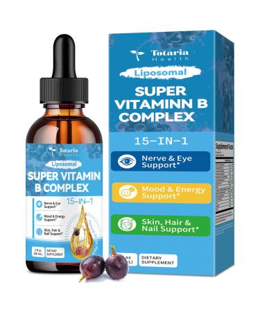 15-in-1 Liposomal Vitamin B Complex Pro B Complex Drops with Vitamin B1 B2 B3 Niacinamide Choline B5 B6 B7 Biotin Inositol Folate B12 Zinc Lutein Zeaxanthin Taurine Vitamin C 2 fl oz