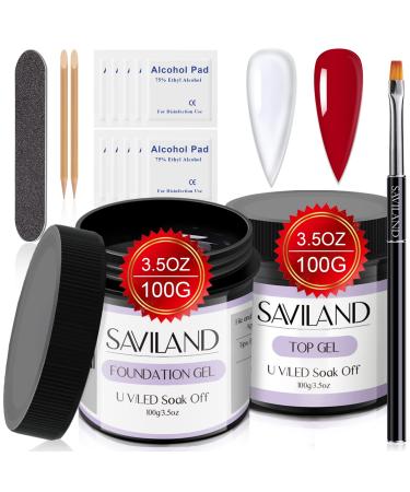 SAVILAND 2 PCS 100 G Base and Top Gel Set 3.5 OZ Large Capacity No-Wipe High Glossy Top Gel Polish and Base Nail Coat with Gel Nail Brush U V LED Nail Gel for Long-lasting Nail Art Home Salon Use