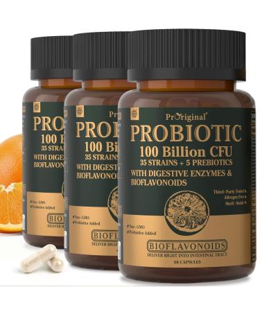 Probiotics for Women & Men 100 Billion CFU Probiotic for Digestive Gut & Immune Health - with Prebiotics Bioflavonoids & Digestive Enzyme 35 Strains Raw Probiotic Supplement 180 Caps 60 Count (Pack of 3)