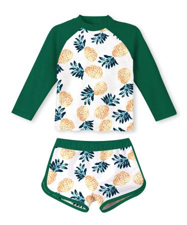 TUONROAD Girls Swimming Costume Toddler Baby Kids Two Piece Long Sleeve Swimsuit UPF 50+ Protection Bathing Suit Swim Set for 4-10 Years 7-8 Years Green Pineapple