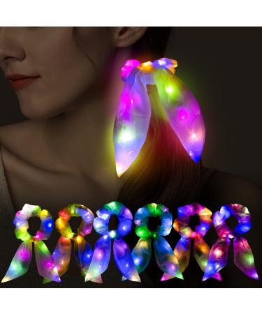 6PCS Light Up Hair Bows Scrunchies - LED Rabbit Bunny Ear Scrunchie Colorful Glow Hair Bands Ponytail Holder Glow in the Dark Hair Accessories Neon Party Decorations for Women Girls Gift Glow Party