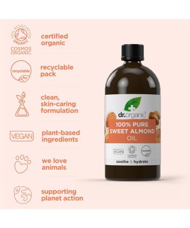 Dr Organic Sweet Almond Oil 100% Pure and Natural Moisturizing Multi-Action Face Body and Hair Carrier Oil Vegan Cruelty Free Paraben and SLS Free Organic 100ml - Buy Online on GoSupps.com
