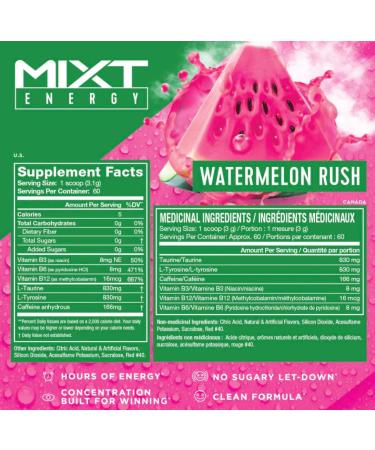 MIXT Energy Drink Mix Energy Powder 8 Hour Energy Formula Designed for Concentration Focus and Hours of Energy Without the Crash Sugar Free (60 Servings Watermelon Rush) - Buy Online on GoSupps.com