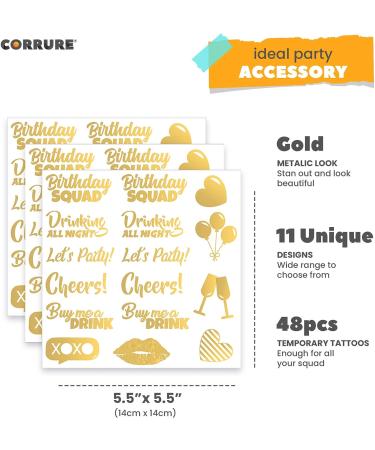 Gold Birthday Tattoos - 48pcs Metallic Temporary Tattoos for Adults - Happy Birthday Squad Flash Tattoos for Women and Men - Great for 18th 21st 25th 30th Birthdays - 11 Unique Designs - Buy Online on GoSupps.com