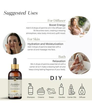 Avatra Pure Jasmine Essential Oil 3.38 Oz | Natural Aromatherapy & Perfume Oil for Diffusers & Hair Care - 100% Pure Jasmine - Buy Online on GoSupps.com