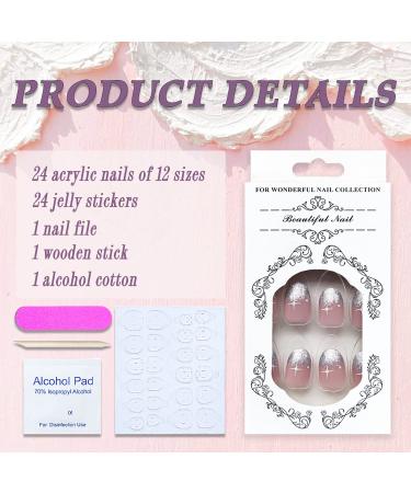 Summer Glitter French Tip Short Round Press on Nails - 24 Pcs with Stars Designs | Glossy False Nails for Women and Girls - Includes Nails Glue | Artificial Acrylic Full Cover False Nails - Style1 - Buy Online on GoSupps.com