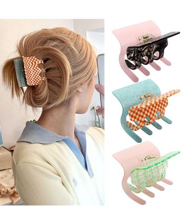 Hair Claw Clips Checker Hair Clips for Women Tortoise Hair Clips Acrylic Hair Accessories Big Open Claw Clips for Long Thick Hair (3PCS AB-side) AB side:pink-green pink-black and orange-blue
