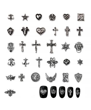 72 Pcs Nail Charms Punk Vintage Nail Accessories 3D Cross Nail Art Charms Chrome Nail Mixed Shapes Stars Heart Charms for Women DIY Handmade Nail Designs Supplies Craft Decal 36 Styles Silver