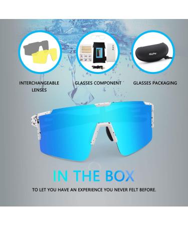 BangLong Polarized Cycling Sunglasses with 3 Interchangeable Lenses - White Blue - Buy Online on GoSupps.com