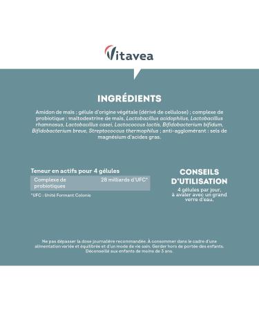 Probiotique Flore Intestinale - 7 souches dont Lactobacillus & Bifidobacterium - 28 Milliards d'UFC/jour - Transit & Microbiote Intestinal - 60 G lules V g tales Fabriqu en France - Vitavea - Buy Online on GoSupps.com