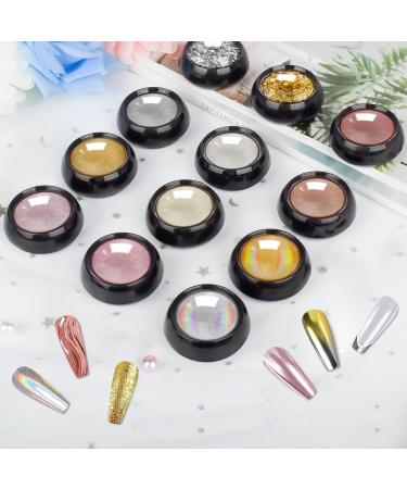 Gold & Silver Chrome Nail Powder - 12 Iridescent Holographic Colors | Metallic Mirror Effect for Stunning Nail Art - Buy Online on GoSupps.com