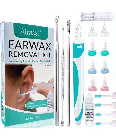 Ear Wax Remover Soft & Gentle Ear Cleaning Tool with Ear Wax Removal Aid & 8 Replacement Heads Included 4 Reusable Micro-Bristles and 4 Silicone Q-Grip Heads + 4PCS Metal Ear Picker Set