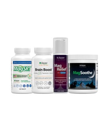 Jigsaw Health Ultimate Magnesium Bundle | MagSRT 240 Tablets Brain Boost 90 Capsules MagSoothe (Raspberry Lemonade) 60 Servings (Jar) and MagRelief 5 Ounces (Lotion)