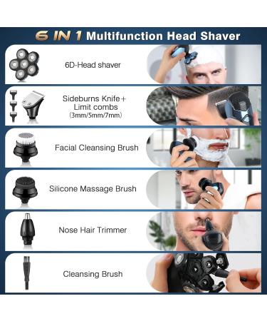 6D 6 in 1 Rotating Electric Head Shaver for Men - Wet & Dry, USB Rechargeable, IPX7 Waterproof, Professional Rotary Shavers - Cordless Beard Trimmer - Blue - Buy Online on GoSupps.com