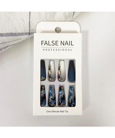 Dark Blue Marble Luxury Coffin Fake Nails - Glitter Wave Rhinestone Design for Women and Girls | Long Press-on Artificial Nails - Buy Online on GoSupps.com