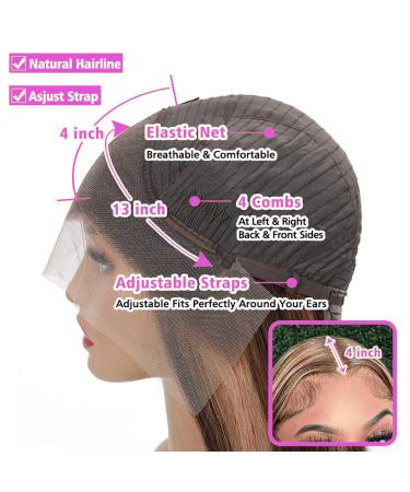Honey Blonde Brown Ombre Straight Lace Front Human Hair Wig 24 Inch 4/27 Highlight Colored 180% Density HD Lace Frontal Wig for Women - Buy Online on GoSupps.com