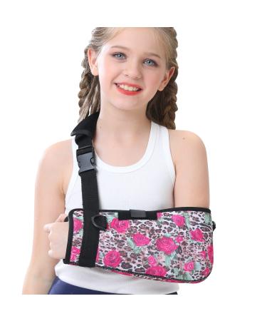 Fotgok Foam Arm Sling Elbow Brace Support with Waist Strap Rotator Cuff Support Shoulder Support Immobilizer for Shoulder Injury for Kids  for Broken  Dislocated  Fracture  Rose Leopard  Small