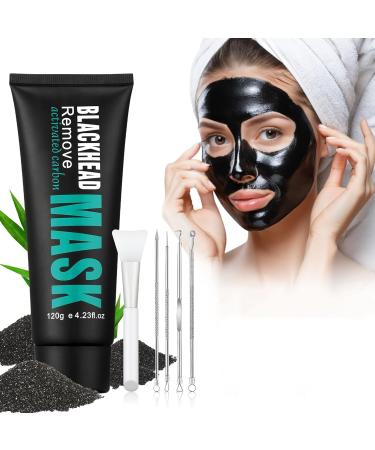 Blackhead Remover Mask Activated Charcoal Peel Off Face Mask Deep Cleansing Mask for Face Nose Black Head Purifying Mask with Pimple Extractor and Brush 120g / 4.23Fl Oz