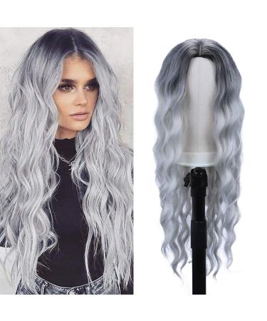 30 inch Long Wavy Wigs for Women Middle Part Curly Wave Hair Wig Dark Roots Grey Body Wave Wigs Natural Looking Heat Resistant Synthetic Full Wigs for Daily Party Cosplay Costumes(30",1B/Grey) 30 Inch (Pack of 1) 1B/Grey