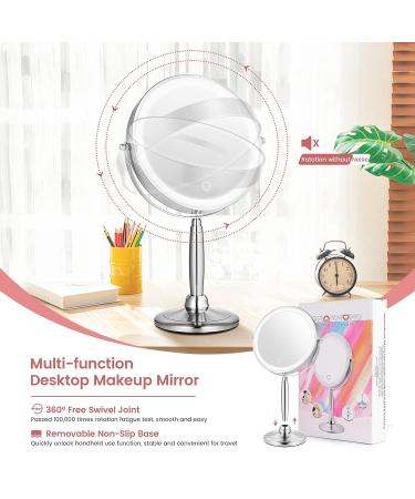 Mirrormore 9 Large Lighted Makeup Mirror | 3 Color LED Dimmable Lighting | 1X/10X Rechargeable Magnifying Mirror | 360 Rotation Vanity Mirror | Touch Screen Detachable Design | Senior Pearl Nickel - Buy Online on GoSupps.com