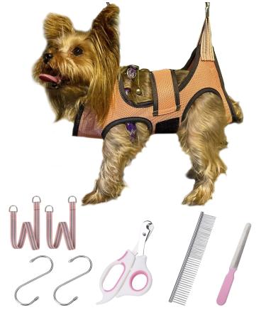 KKIIMATT 9-in-1 pet-fur-care harness harness with nail clipper/trimmer nail file comb retention bag for fur care dog care shells for nail trimming/clipping (XXS) pink/orange
