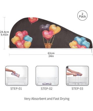 Heart Hot Air Balloon Hair Towel 2 Pack - Super Absorbent Quick Dry Hair Turbans for Women & Girls - Buy Online on GoSupps.com