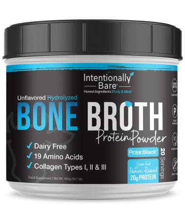 Intentionally Bare Bone Broth Protein Powder – 20 Grams Protein - Collagen Types 1, 2 & 3 - Grass-Fed, Pasture Raised Cows - Dairy Free – Unflavored - 20 Servings