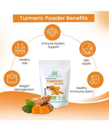 Organic Turmeric Powder (Curcuma Longa) - High Curcumin Strength - 200g Pack - Certified UK Organic - Ideal for Smoothies, Milkshakes, Soups, Baking - Filler & Preservative-Free by Herbal Magic - Buy Online on GoSupps.com
