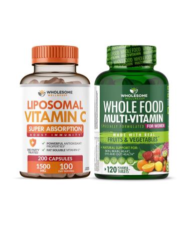 Wholesome Wellness Liposomal Vitamin C Capsules (200 Pills 1500mg Buffered) High Absorption VIT C + Whole Food Multivitamin for Women - Natural Multi Vitamins Minerals Organic Extracts Bundle