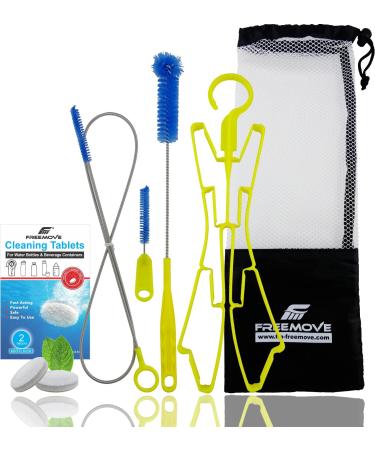 FREEMOVE Hydration Bladder Cleaning Kit 6in1 - Suitable for 2L 3L and All Other Water Bladders - Camelback Backpack Bladder Cleaner Kit with 3 Brushes Drying Hanger Carry Bag & 2 Cleaning Tablets YELLOW