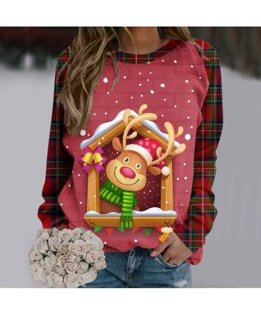 Womens Christmas Sweatshirt Snowman Penguin Print Raglan Pullover - Watermelon Red - Buy Online on GoSupps.com