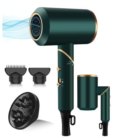 Foldable Hair Dryer 2000W Hairdryer with 60000 RPM Powerful AC Motor Blow Dryer with 2 Speed 3 Heat Setting Hairdryer with Diffuser & Concentrator Cool Shot Button Hair Dryer for Women Men Green